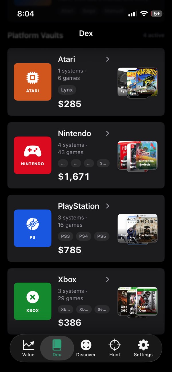 VideoGameVault Dex showing console families and cover art stacks.