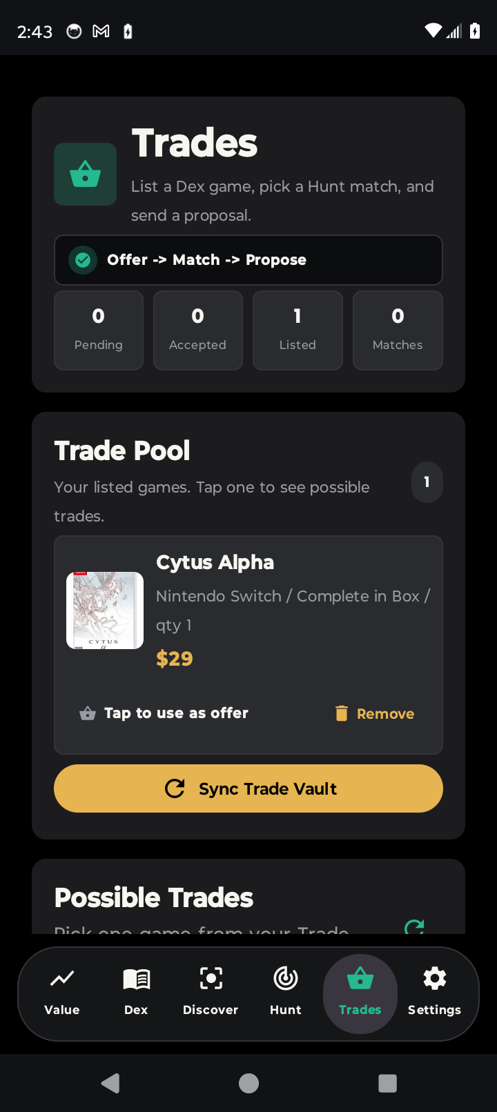 VideoGameVault coming-soon accepted trade screen preview with shipping tracker fields.