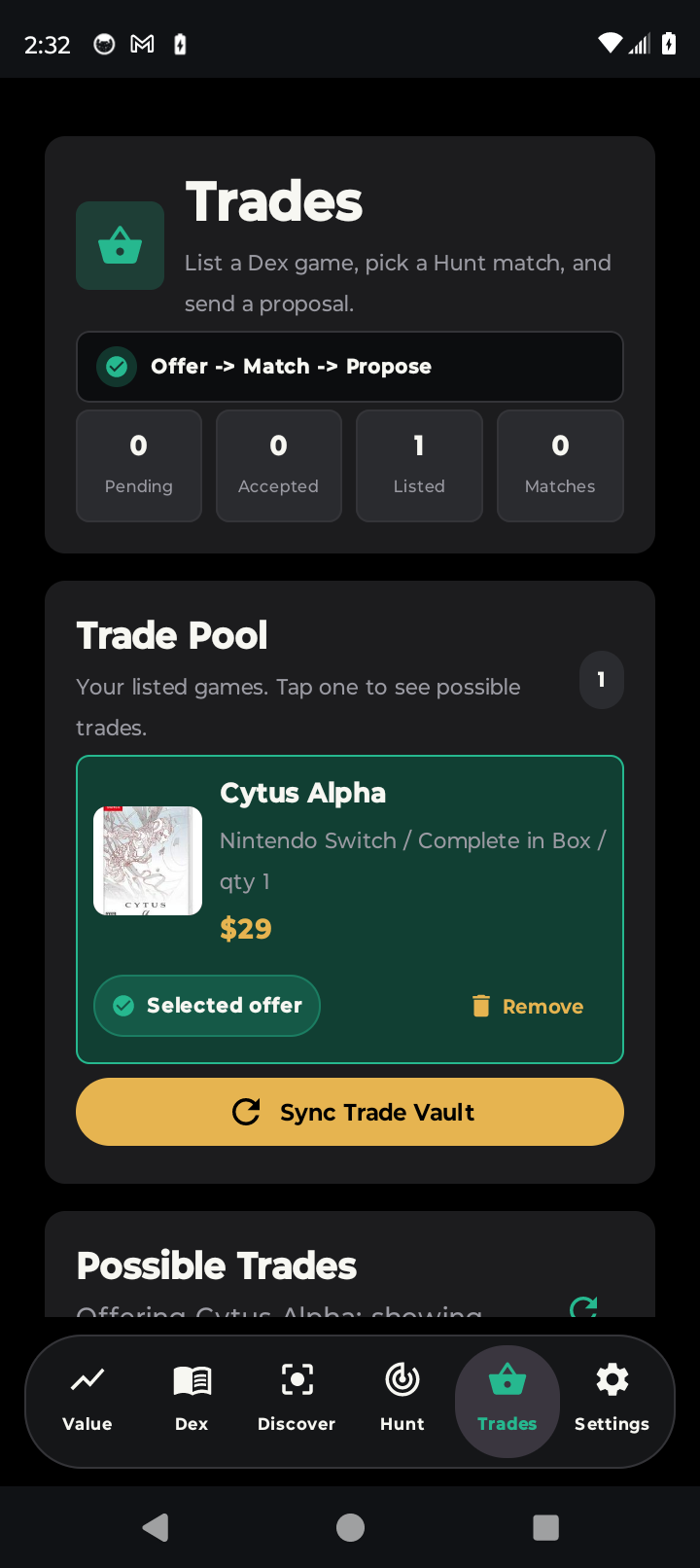 VideoGameVault coming-soon Trades tab preview showing a selected game and possible trades from other collectors.
