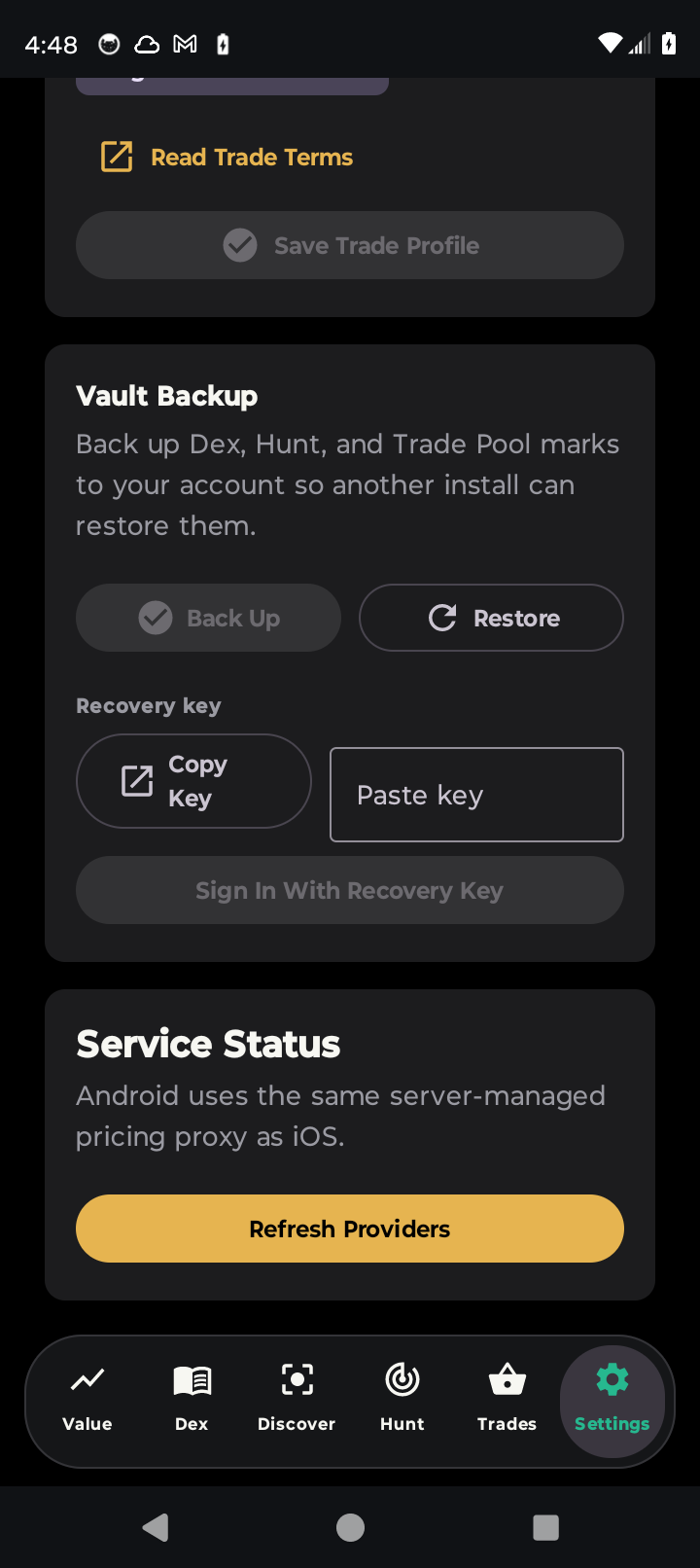 VideoGameVault settings screen showing cloud backup and recovery key controls.